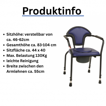 Toilettenstuhl höhenverstellbar EXKLUSIV blau mit Eimer gepolstert Senioren Pflege