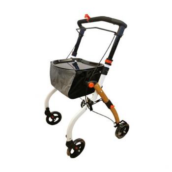 Antar Rollator HOLZOPTIK braun-weiß faltbar inkl. Stoffkorb und Tablett extra leicht Gehhilfe für zu Hause Indoor