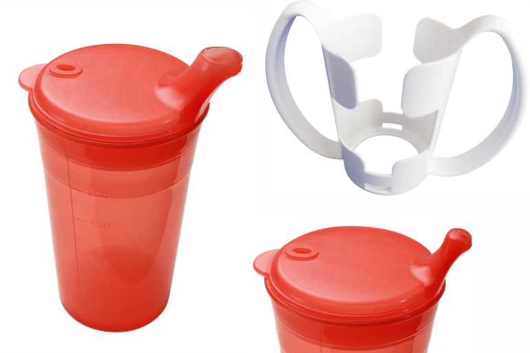 Trinkbecher Schnabelbecher Set, Tee und Brei mit Halter, kurzes Mundstück,  rot - Pflegehome24