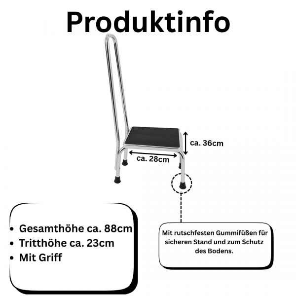 Trittstufe Metall mit Griff Tritthocker 23cm Höhe rutschfest 35x38cm Chrom