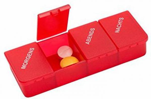Tablettendose Pillendose, 4-geteilt, mit Klappdeckel, rot-transparent