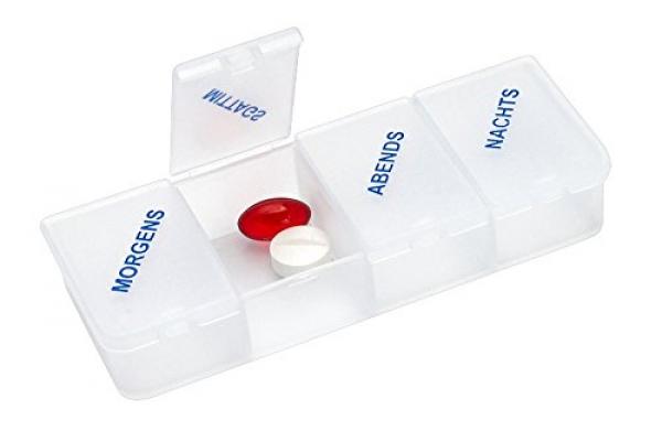 Tablettendose Pillendose, 4-geteilt, mit Klappdeckel, weiß-transparent