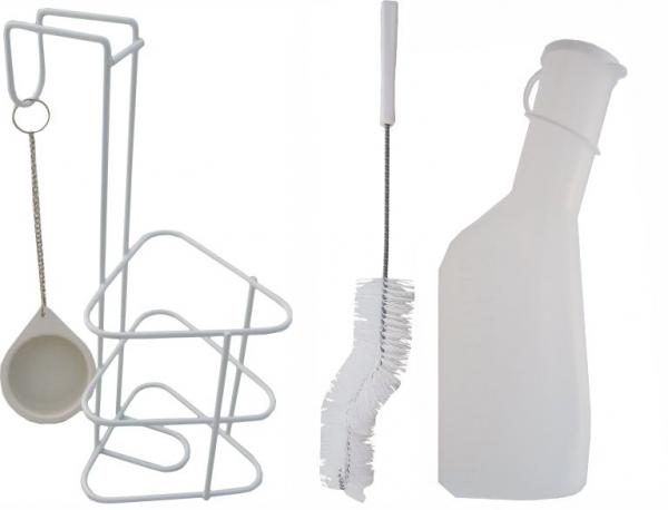 Urinflaschen-Set  Urinflasche Halter + Deckel + Bürste, milchig